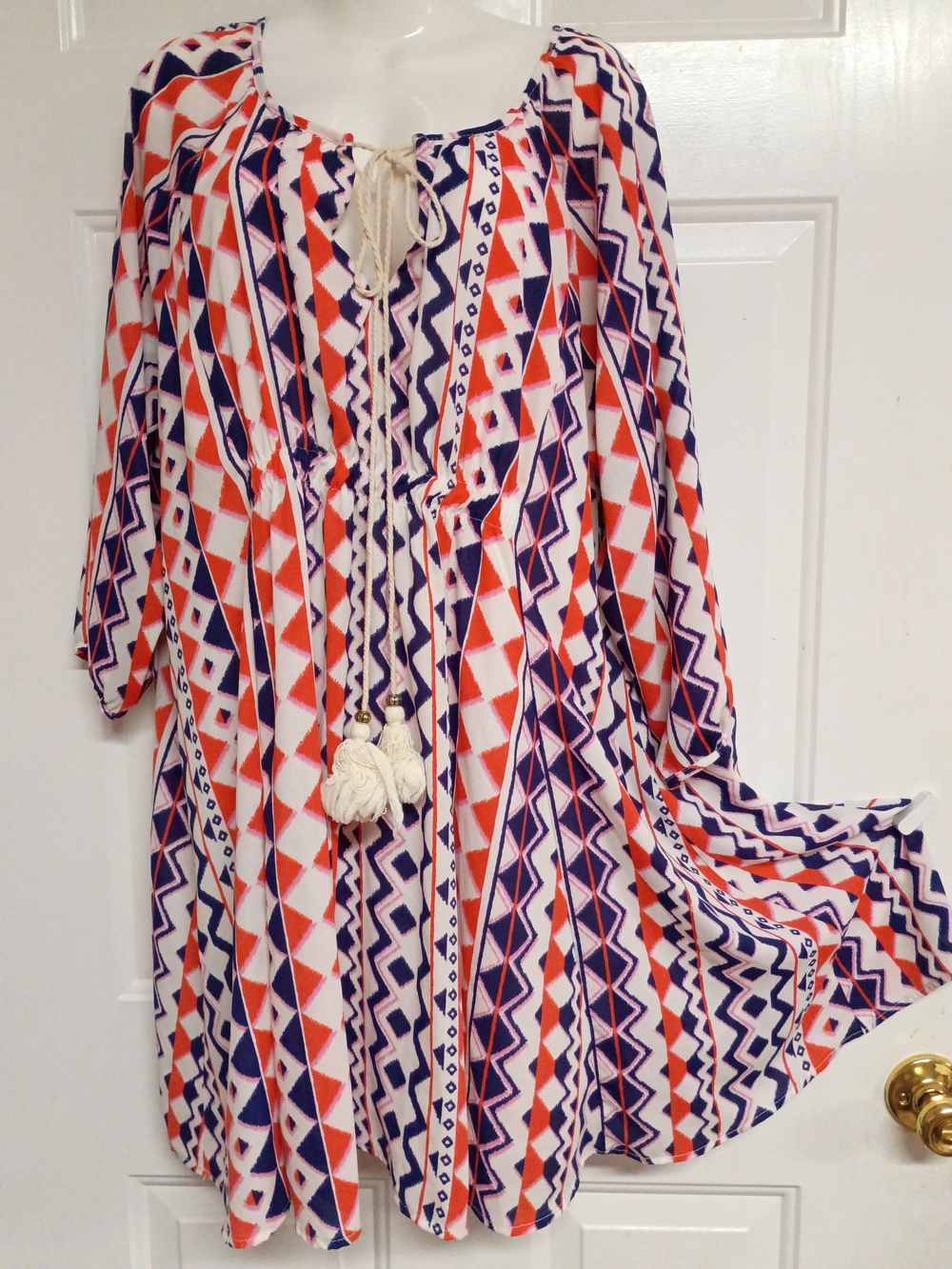 🤠🦄Peach Love California Orange, Navy & Cream Boho Tie-Front Tunic Dress Size L